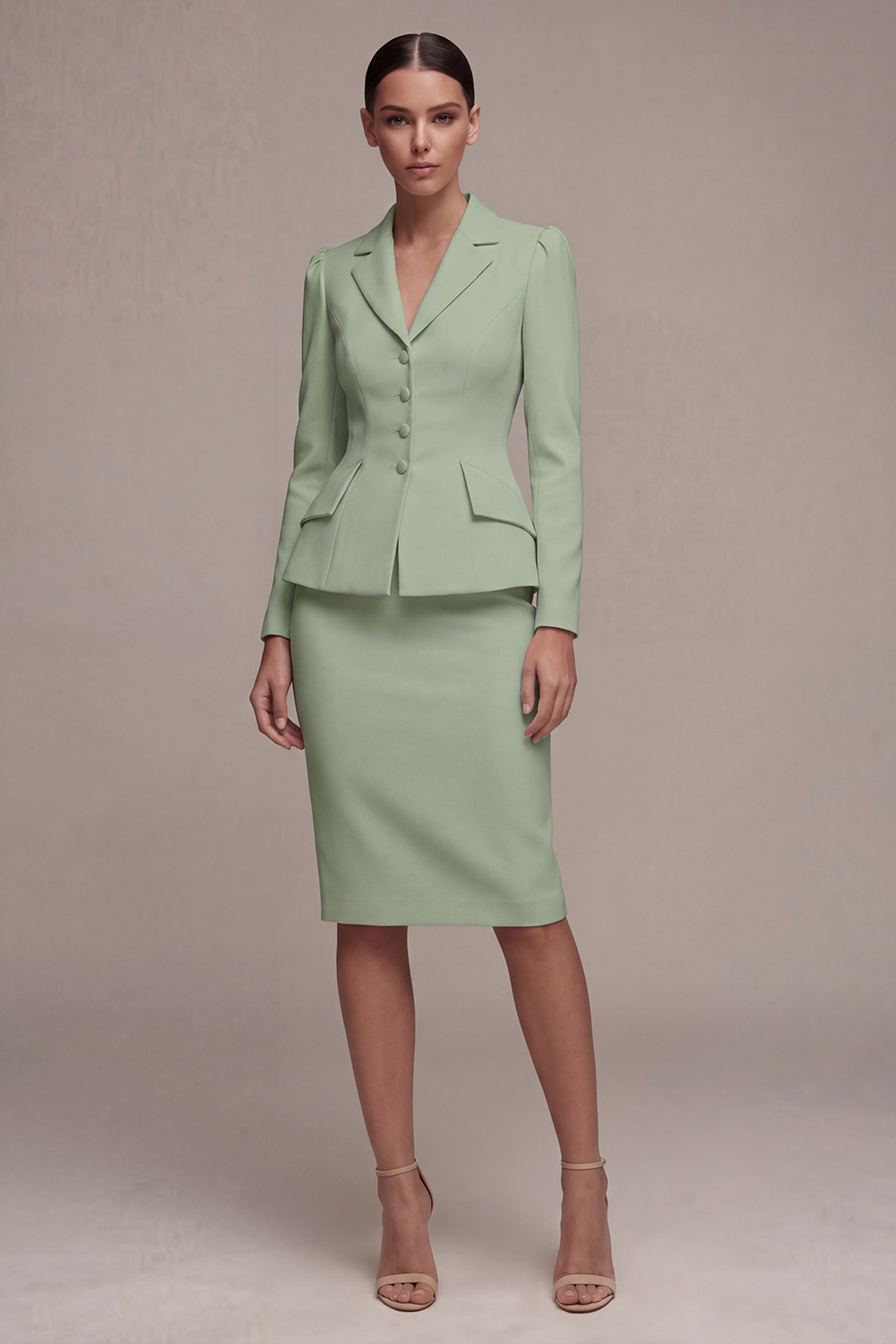 Ivory 2 Piece Notched Lapel Midi Business Suits with Back Slit