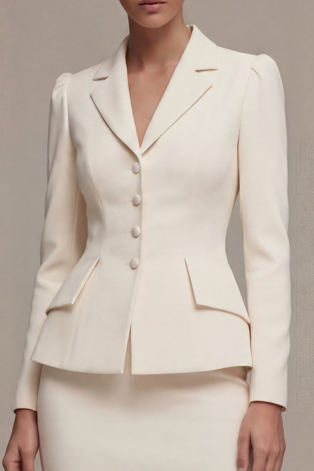 Ivory 2 Piece Notched Lapel Midi Business Suits with Sleeves
