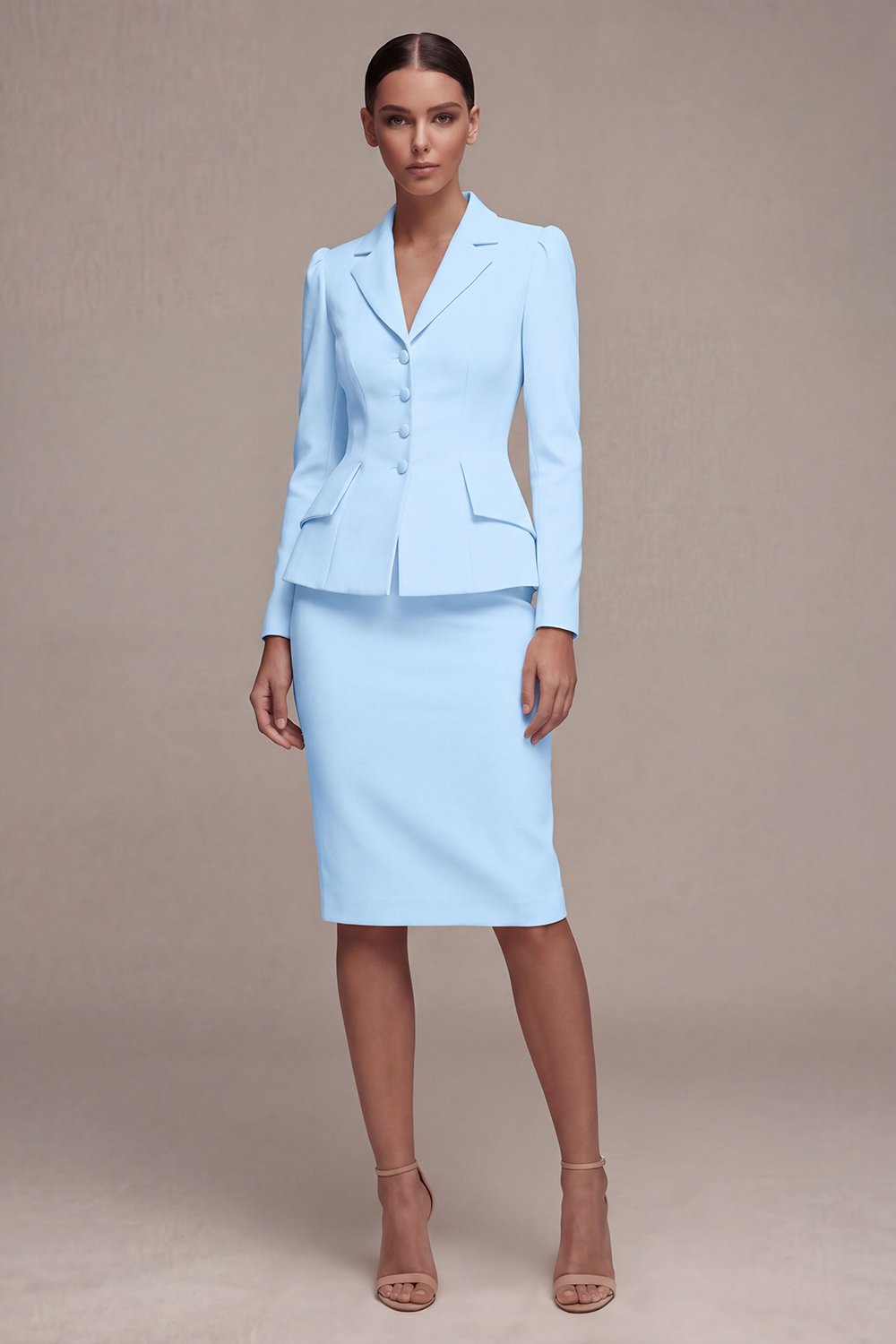 Ivory 2 Piece Notched Lapel Midi Business Suits with Back Slit