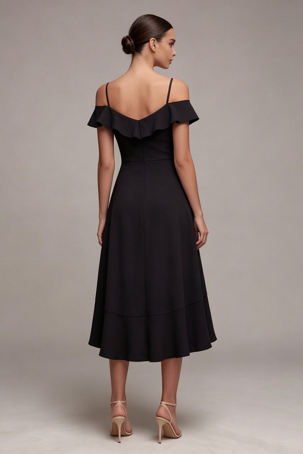 A Line Cold Shoulder High Low Little Black Dress with Ruffles