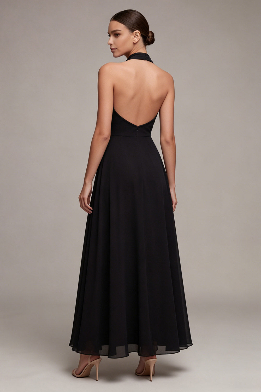 Black A Line Backless Halter Maxi Formal Dress