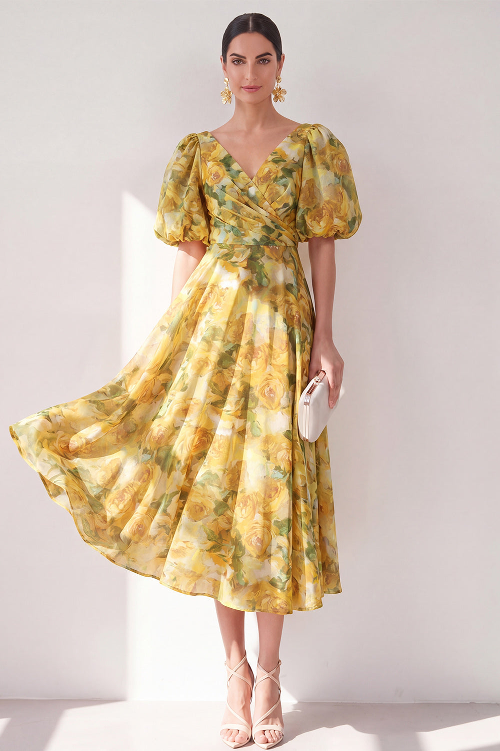 Floral Butter Yellow V-Neck Ruched A Line Maxi Beach Wedding Guest Dress