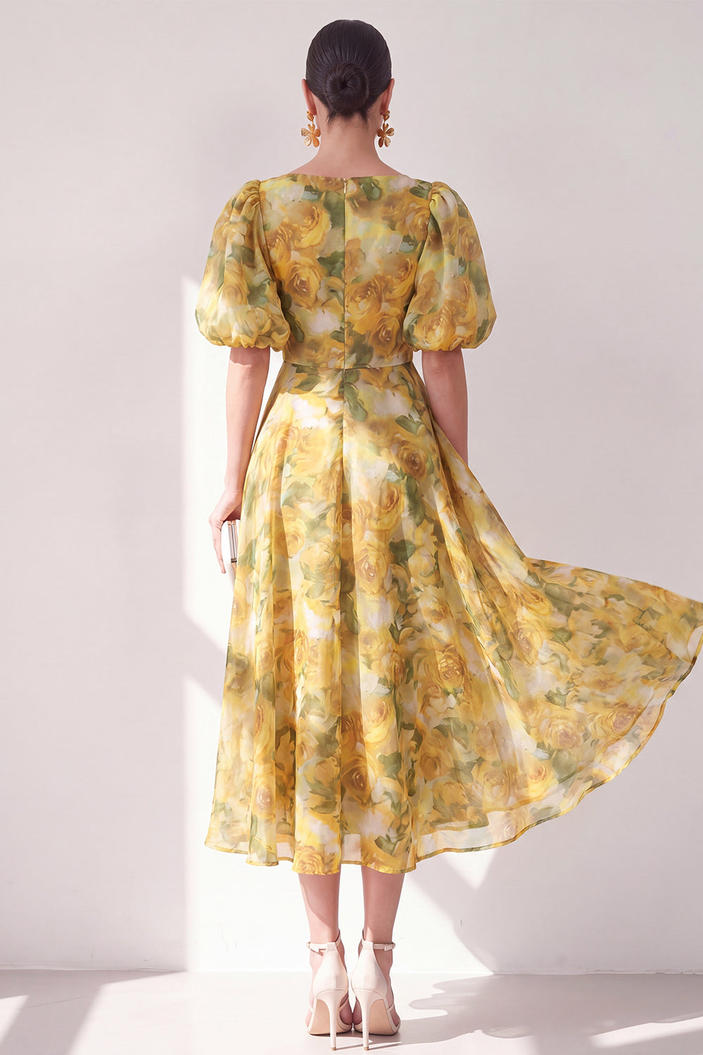 Floral Butter Yellow V-Neck Ruched A Line Maxi Beach Wedding Guest Dress