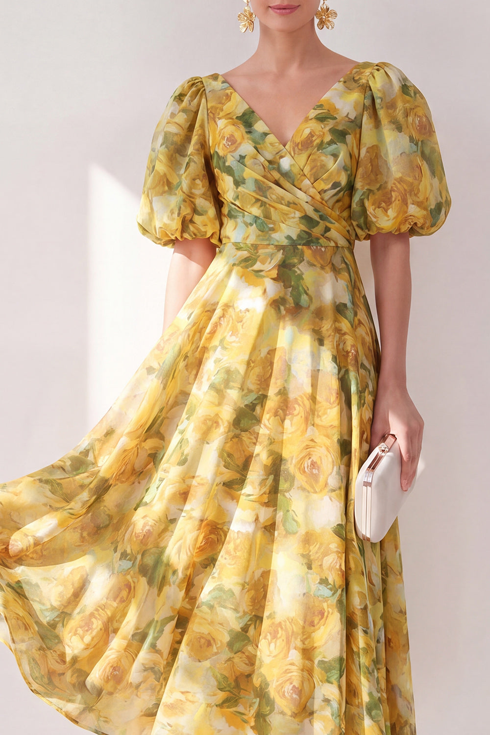 Floral Butter Yellow V-Neck Ruched A Line Maxi Beach Wedding Guest Dress