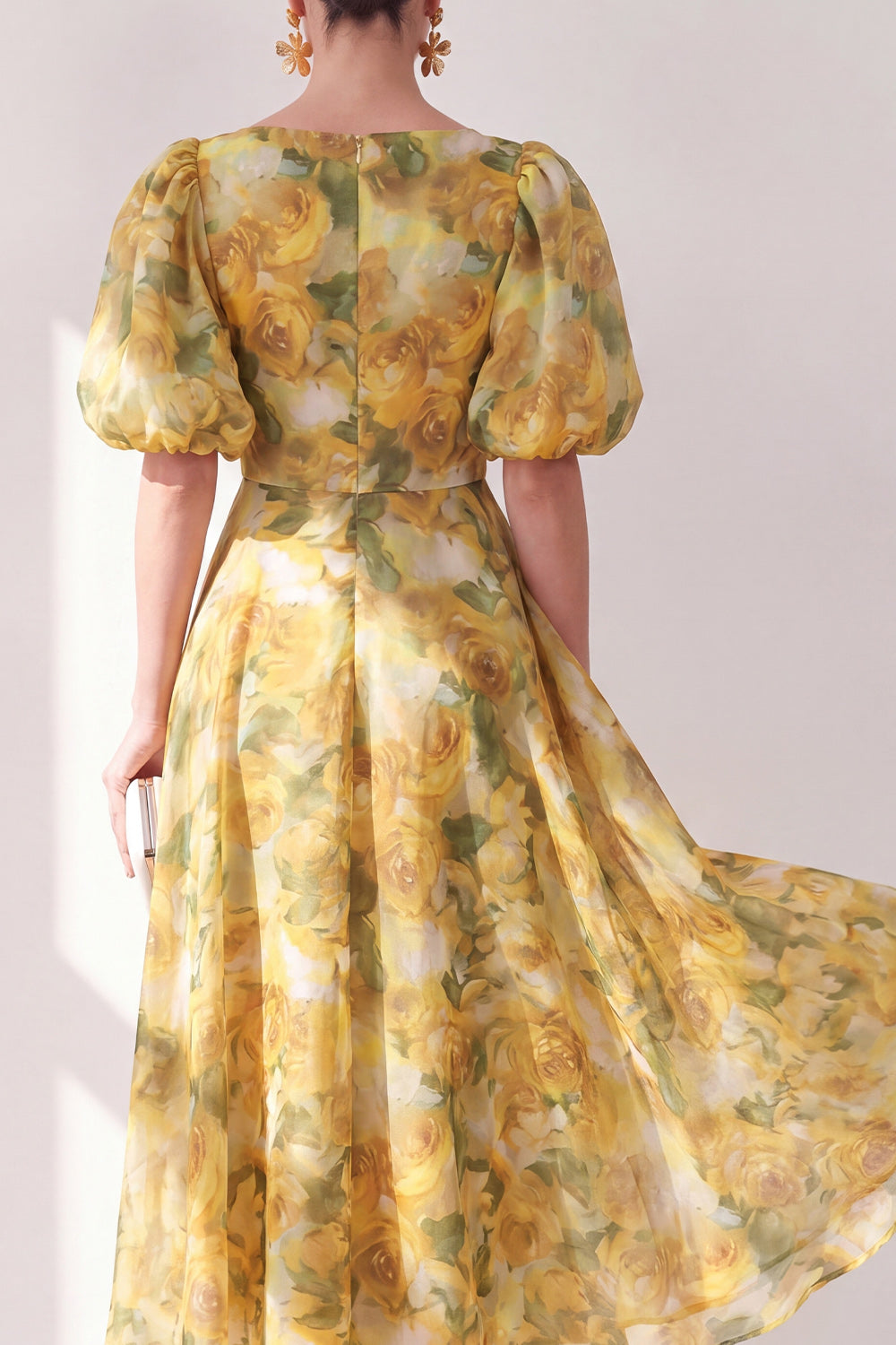 Floral Butter Yellow V-Neck Ruched A Line Maxi Beach Wedding Guest Dress