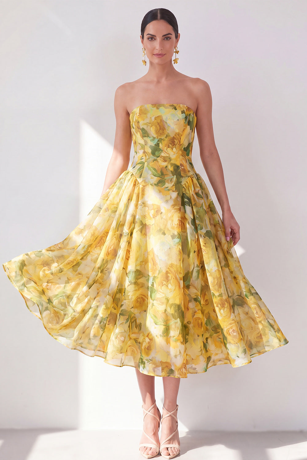Butter Yellow A Line Strapless Floral Maxi Beach Wedding Guest Dress