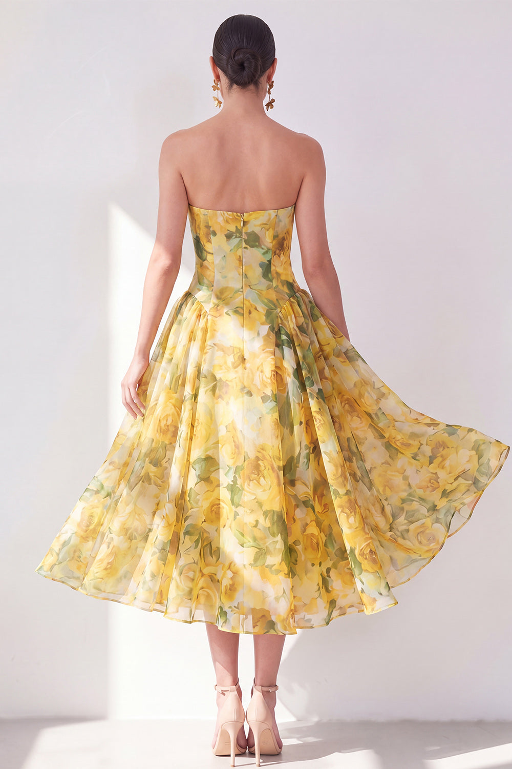 Butter Yellow A Line Strapless Floral Maxi Beach Wedding Guest Dress