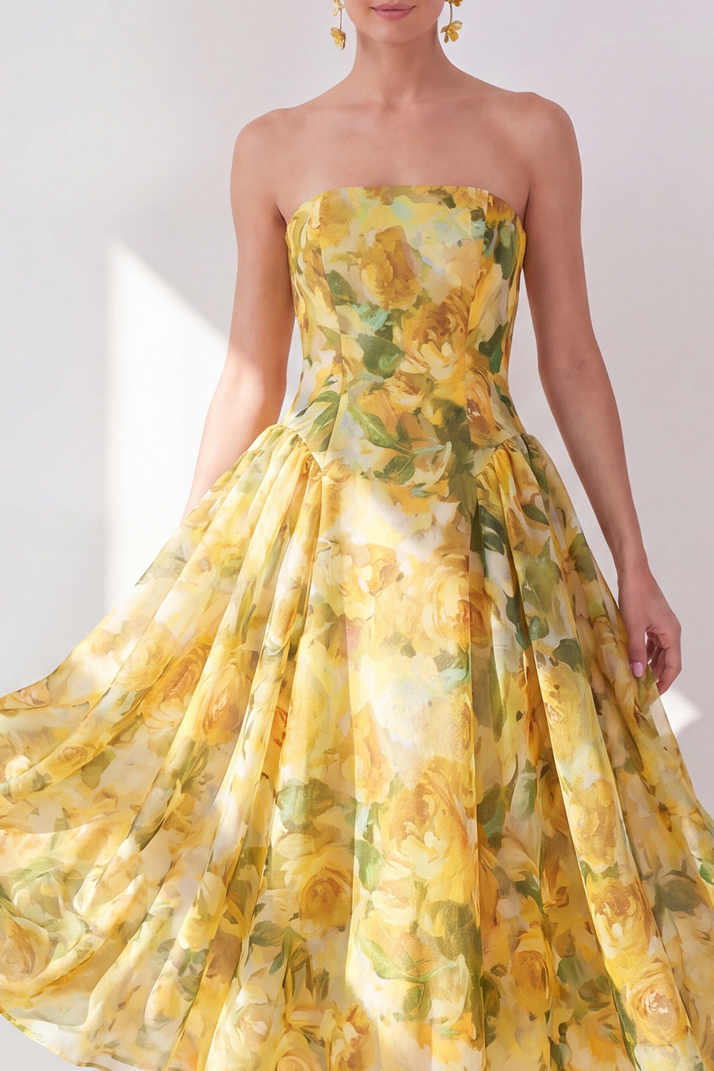 Butter Yellow A Line Strapless Floral Maxi Beach Wedding Guest Dress
