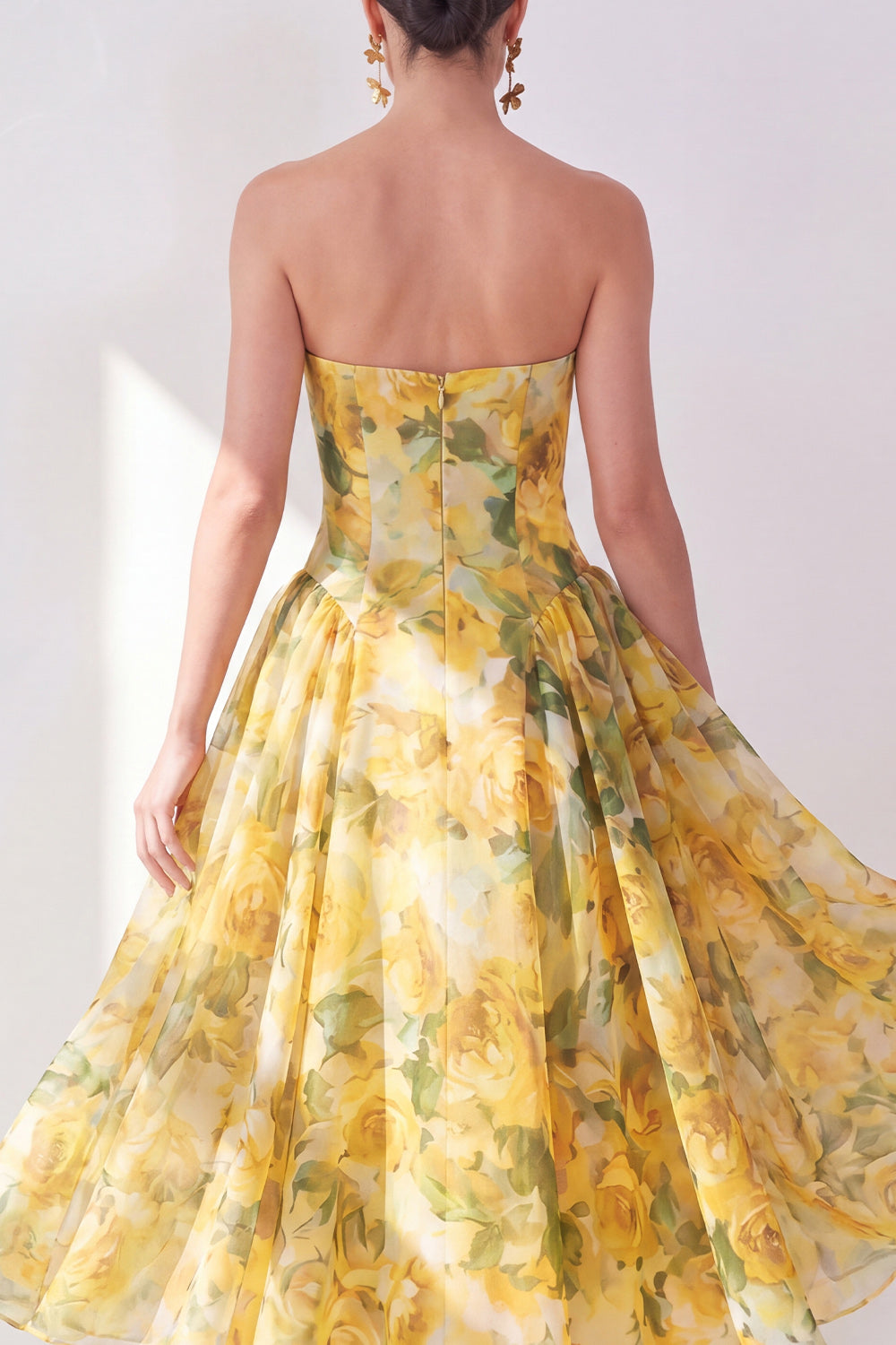 Butter Yellow A Line Strapless Floral Maxi Beach Wedding Guest Dress