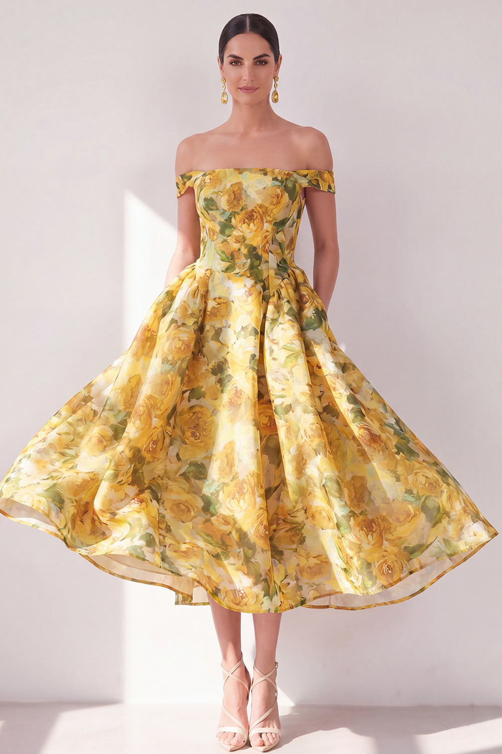 A Line Butter Yellow Floral Long Beach Wedding Guest Dress with Pockets
