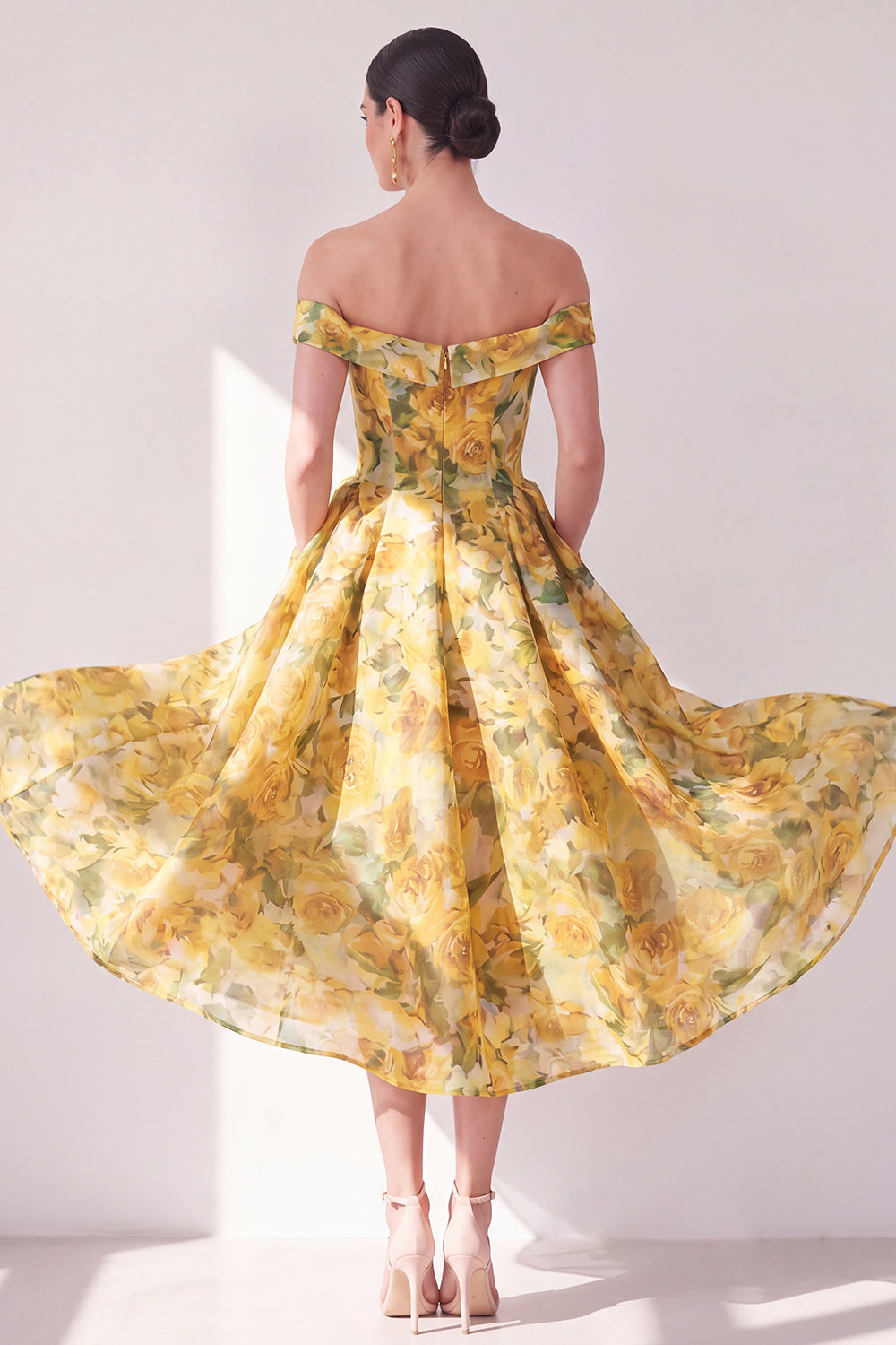 A Line Butter Yellow Floral Long Beach Wedding Guest Dress with Pockets