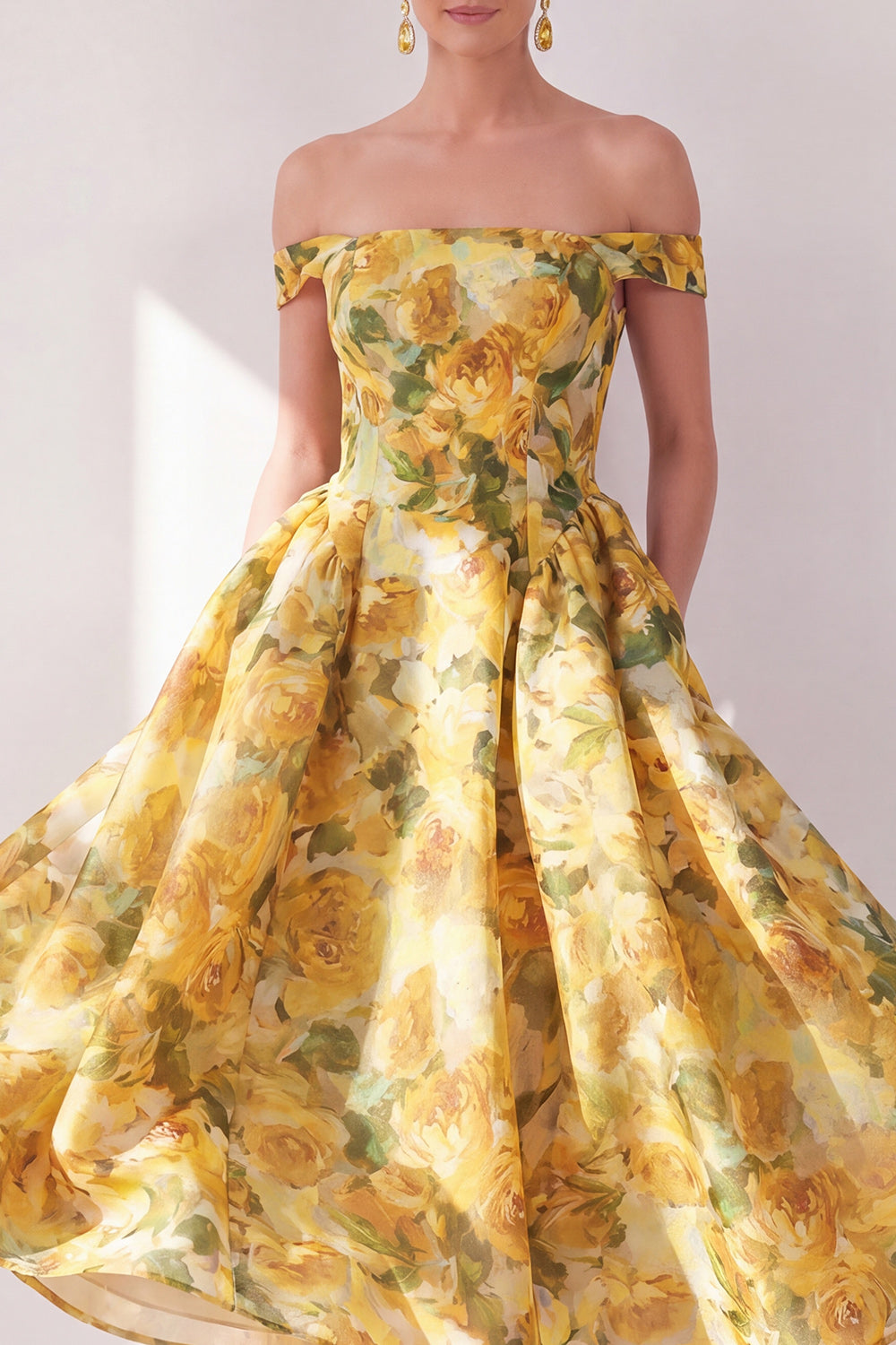 A Line Butter Yellow Floral Long Beach Wedding Guest Dress with Pockets