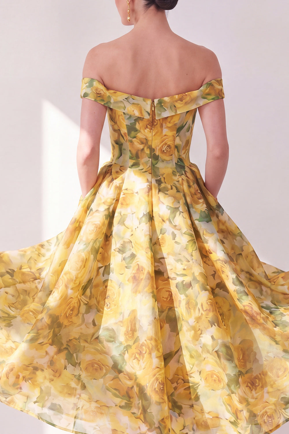 A Line Butter Yellow Floral Long Beach Wedding Guest Dress with Pockets