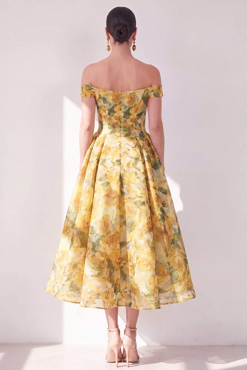 A Line Butter Yellow Floral Long Beach Wedding Guest Dress with Pockets