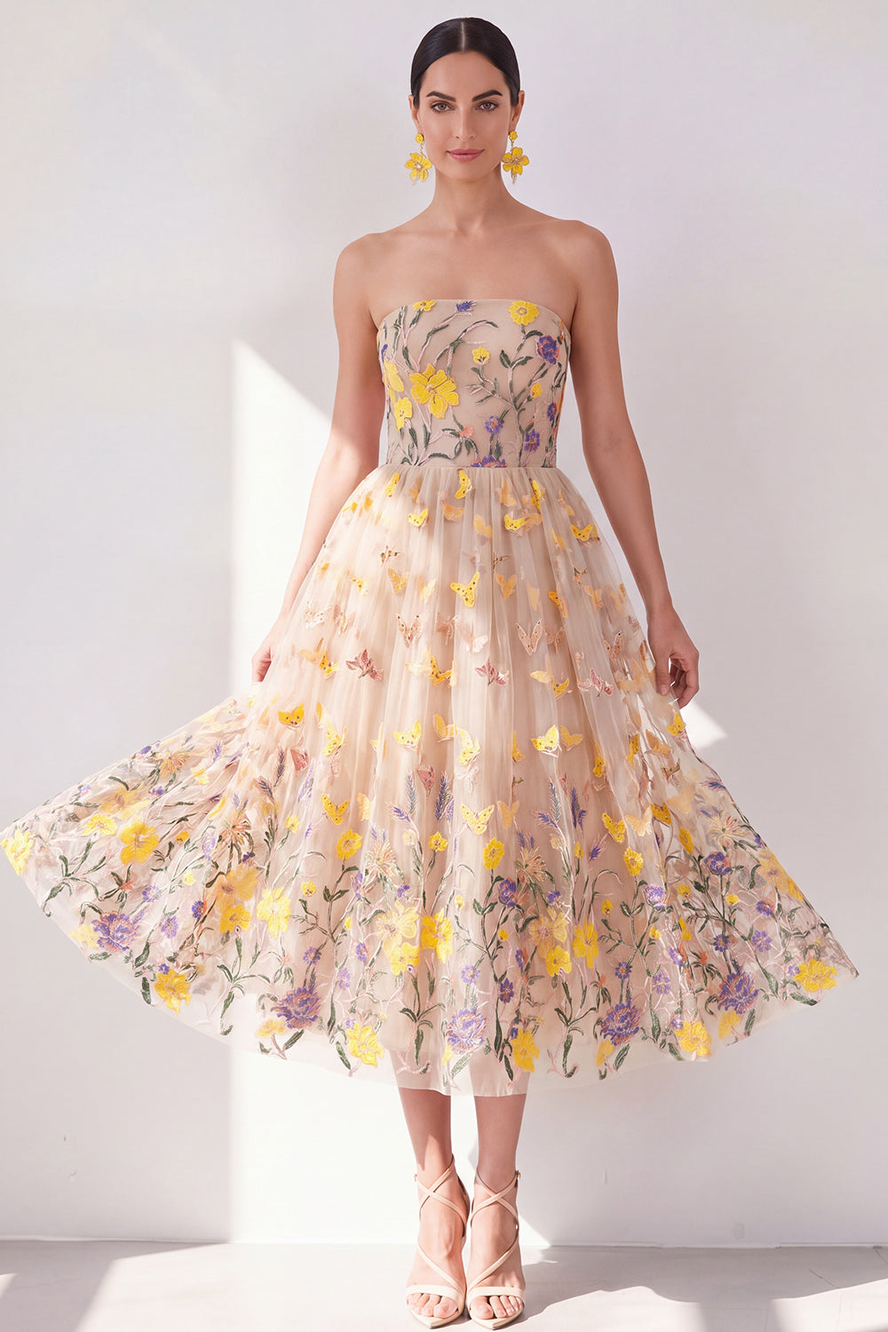 Apricot A Line Strapless Floral Maxi Wedding Guest Dress with Appliques