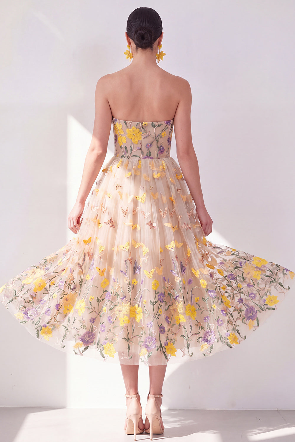 Apricot A Line Strapless Floral Maxi Wedding Guest Dress with Appliques