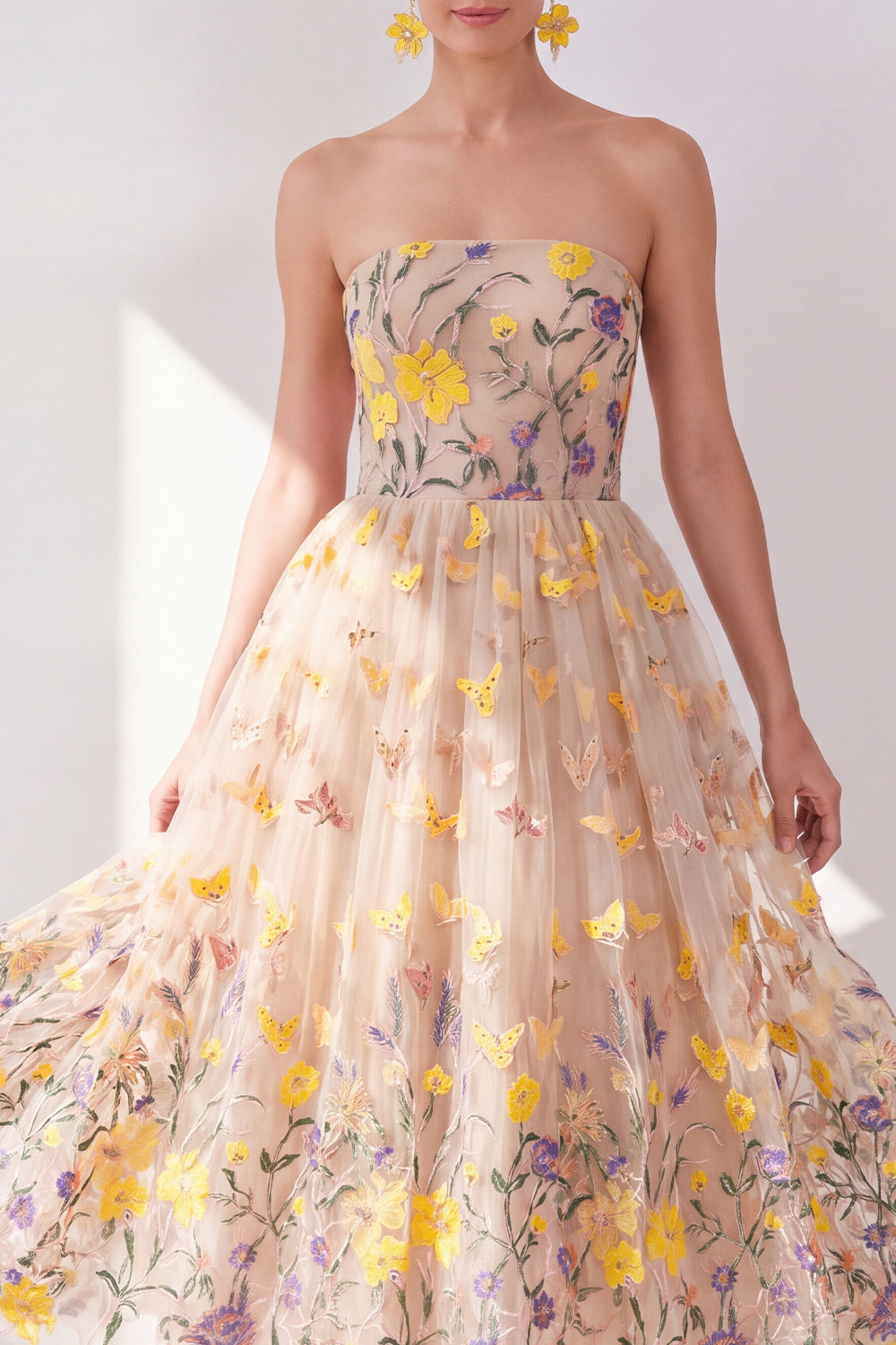 Apricot A Line Strapless Floral Maxi Wedding Guest Dress with Appliques
