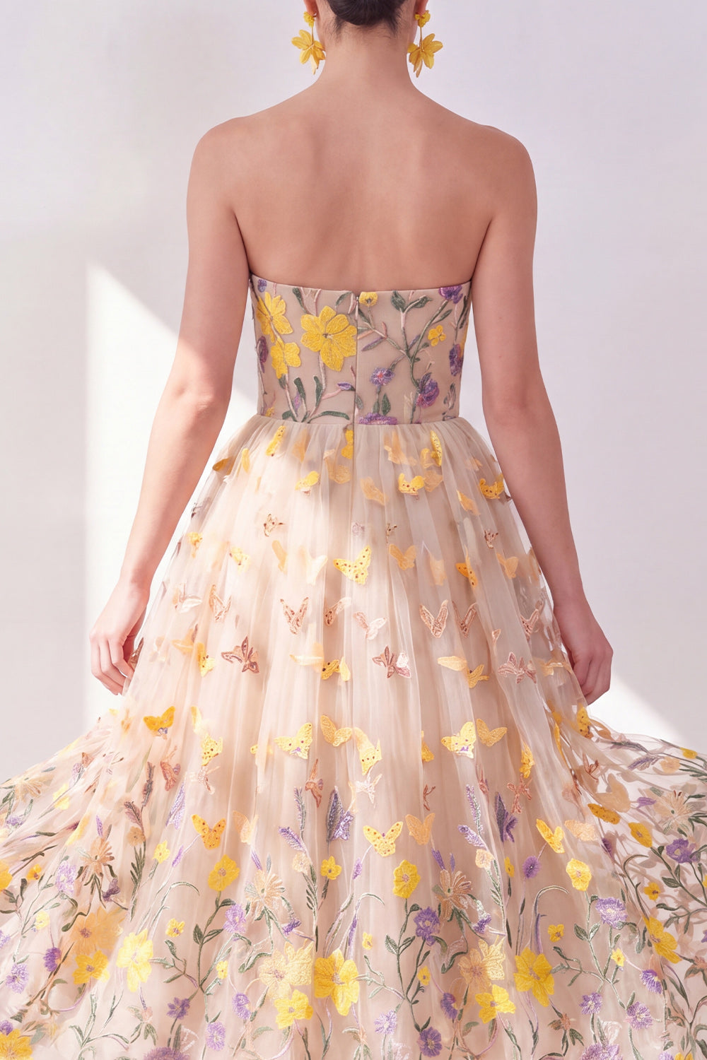 Apricot A Line Strapless Floral Maxi Wedding Guest Dress with Appliques