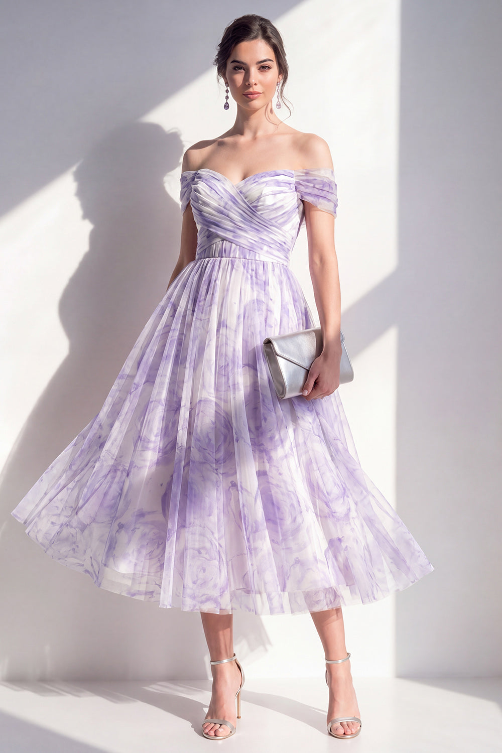 Lilac Ruched Off the Shoulder Flowy Floral A Line Long Wedding Guest Dress