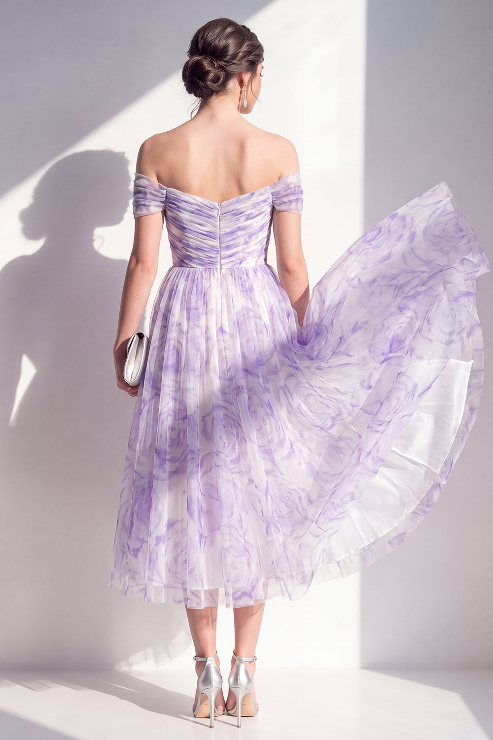 Lilac Ruched Off the Shoulder Flowy Floral A Line Long Wedding Guest Dress