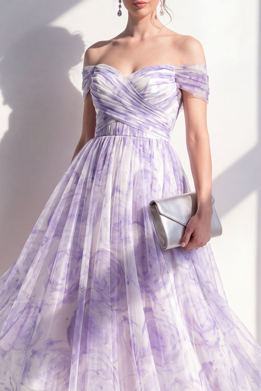 Lilac Ruched Off the Shoulder Flowy Floral A Line Long Wedding Guest Dress