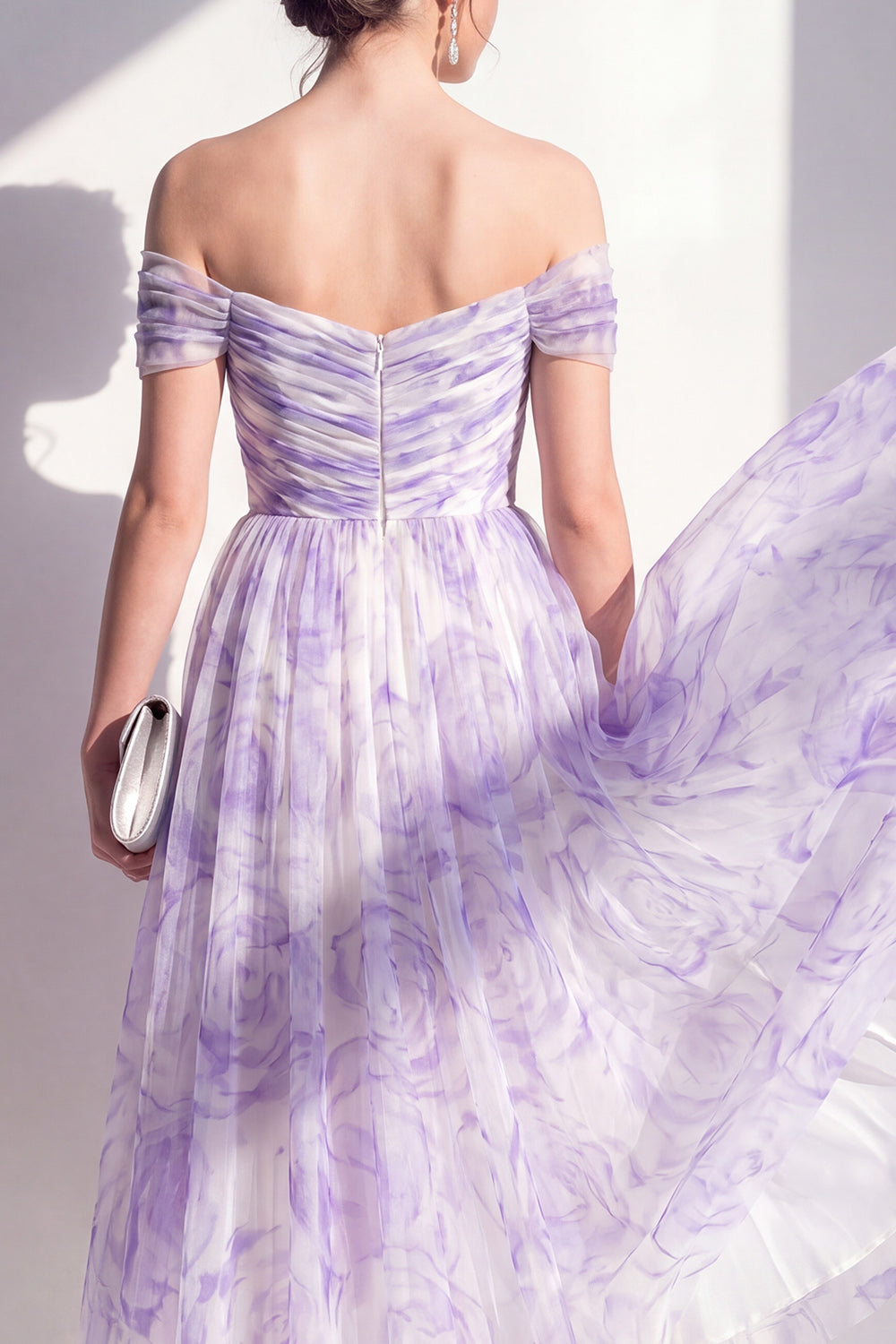 Lilac Ruched Off the Shoulder Flowy Floral A Line Long Wedding Guest Dress