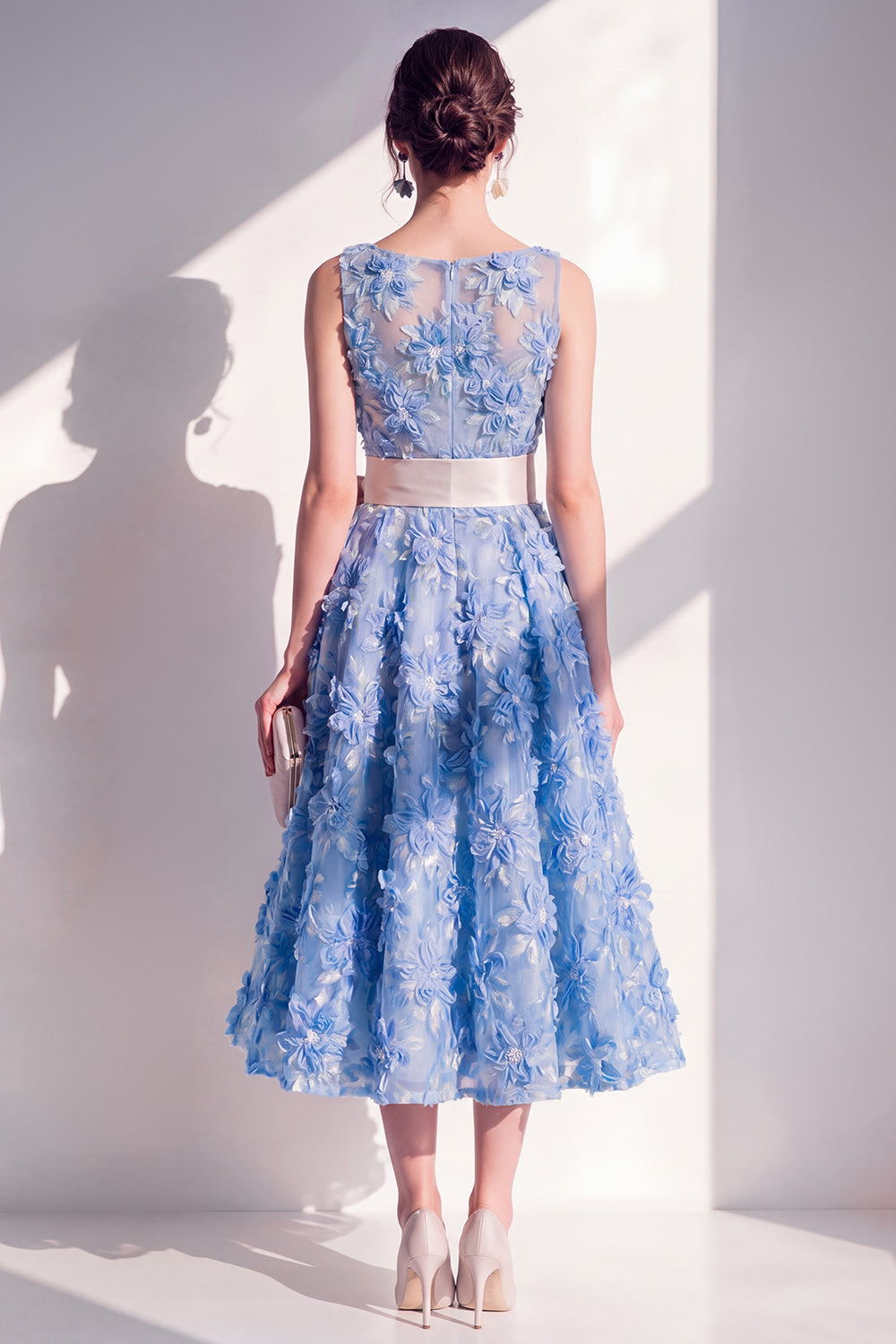 Purple Floral A Line Boat Neck Maxi Wedding Guest Dress with Bow