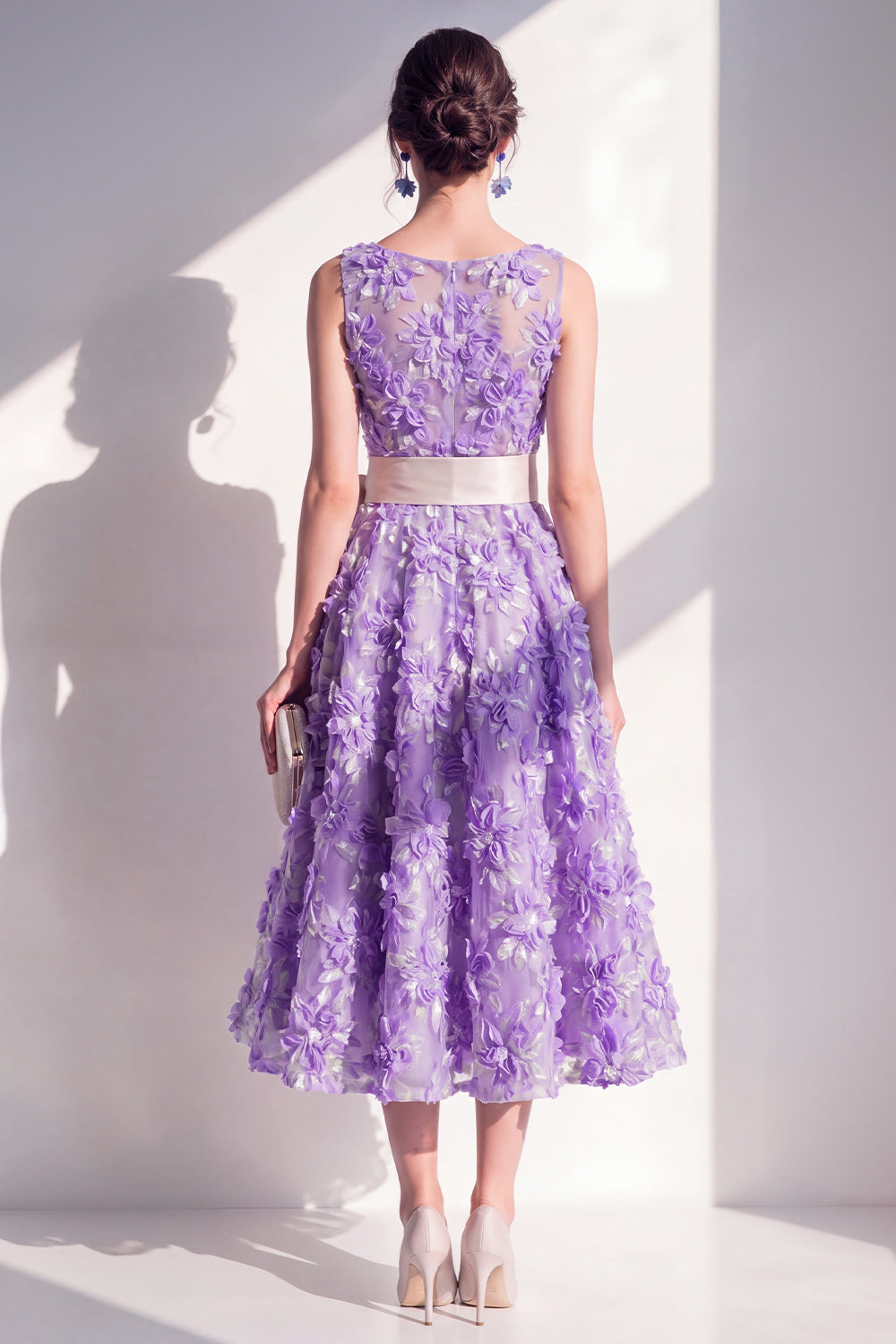 Purple Floral A Line Boat Neck Maxi Wedding Guest Dress with Bow