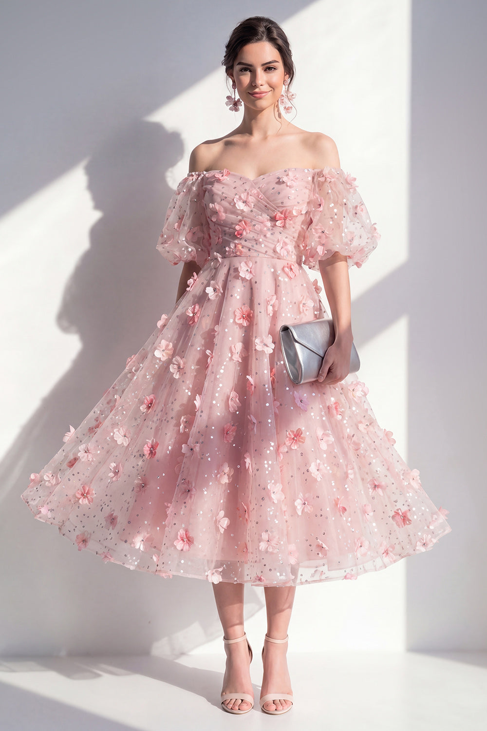 Sparkly Blush A Line Ruched Floral Maxi Wedding Guest Dress with Sleeves
