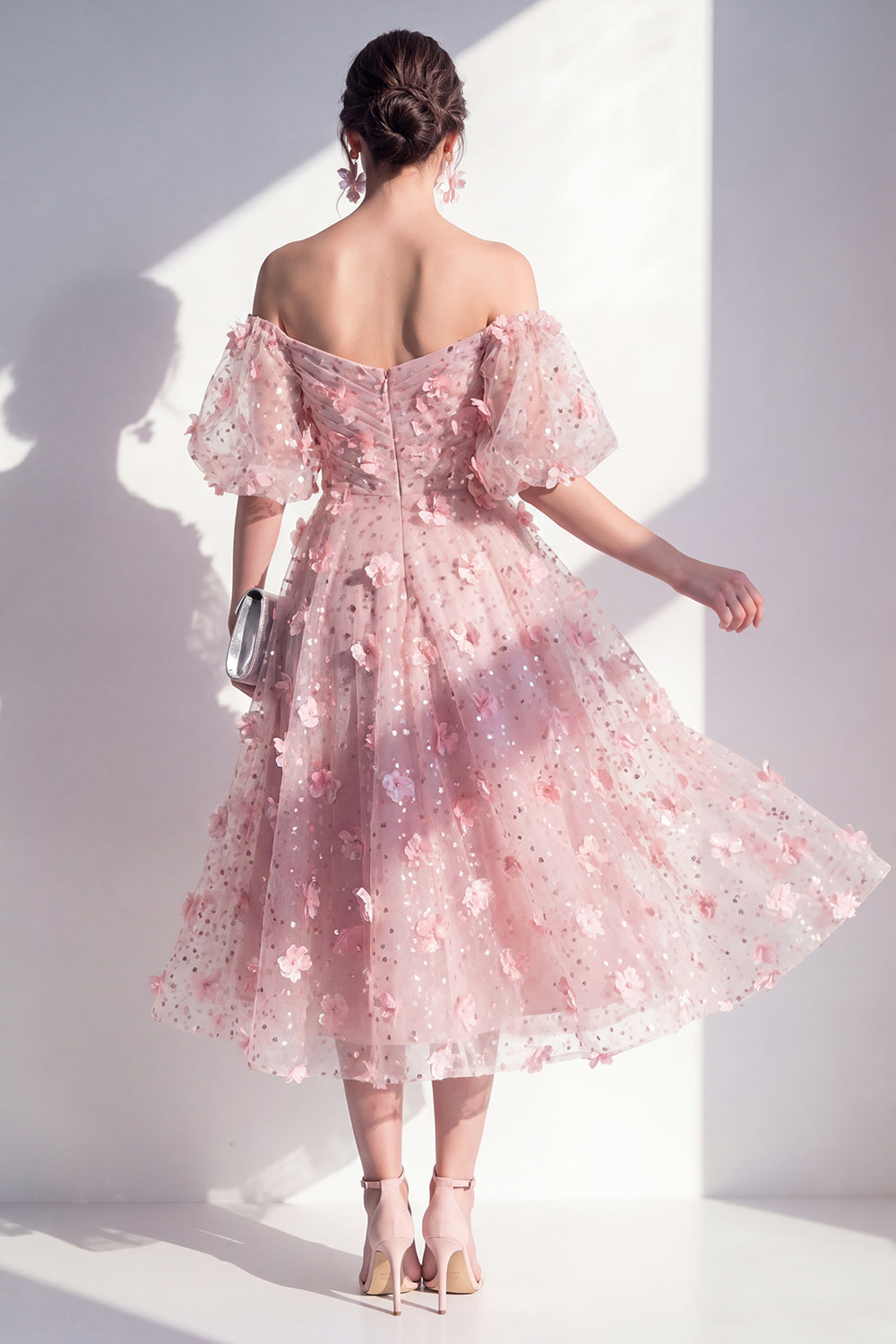 Sparkly Blush A Line Ruched Floral Maxi Wedding Guest Dress with Sleeves