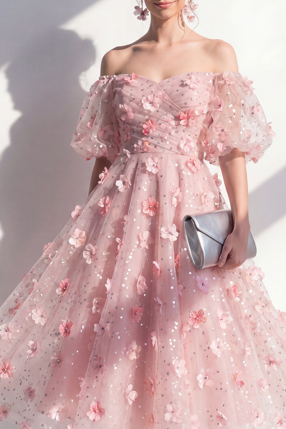 Sparkly Blush A Line Ruched Floral Maxi Wedding Guest Dress with Sleeves