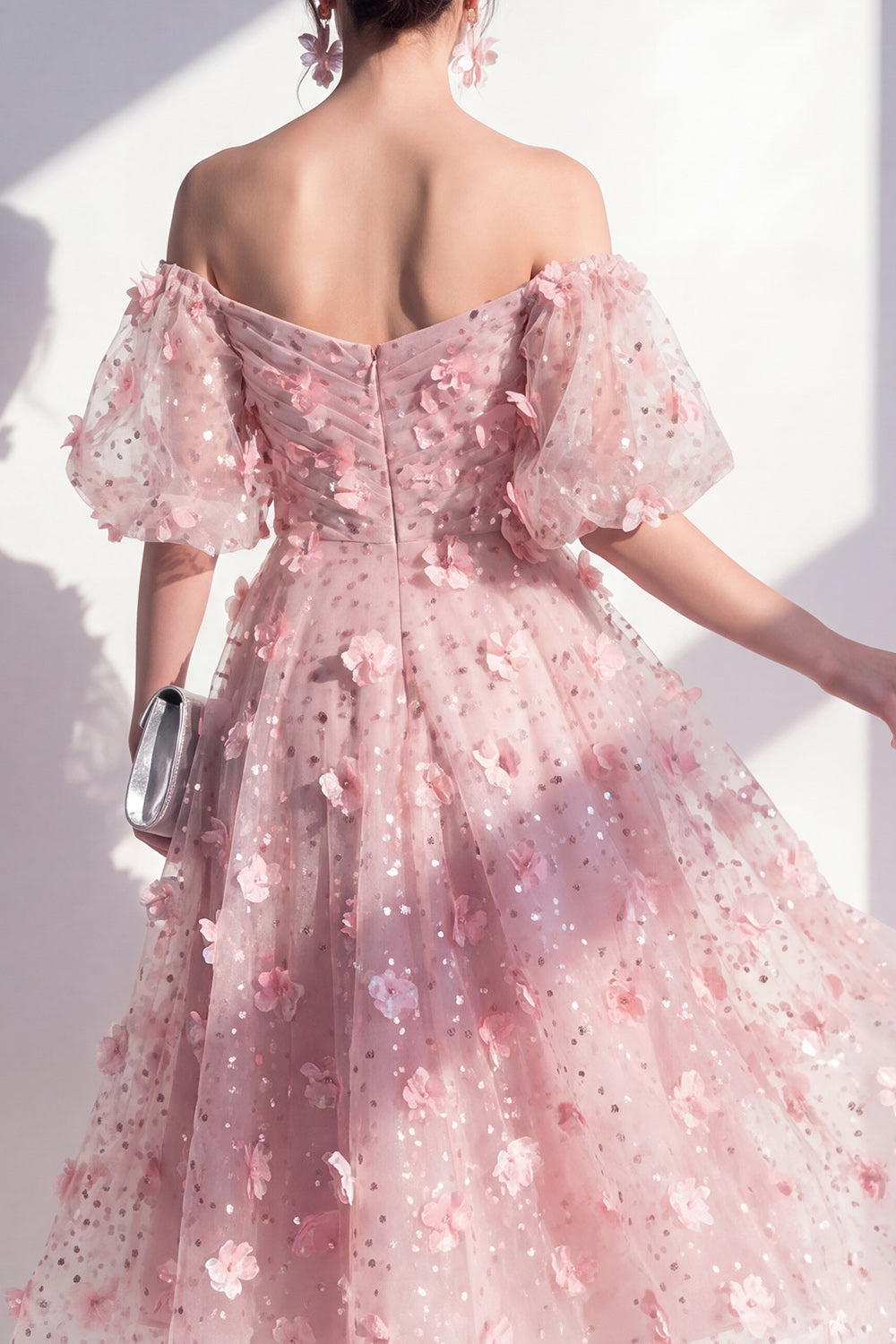 Sparkly Blush A Line Ruched Floral Maxi Wedding Guest Dress with Sleeves
