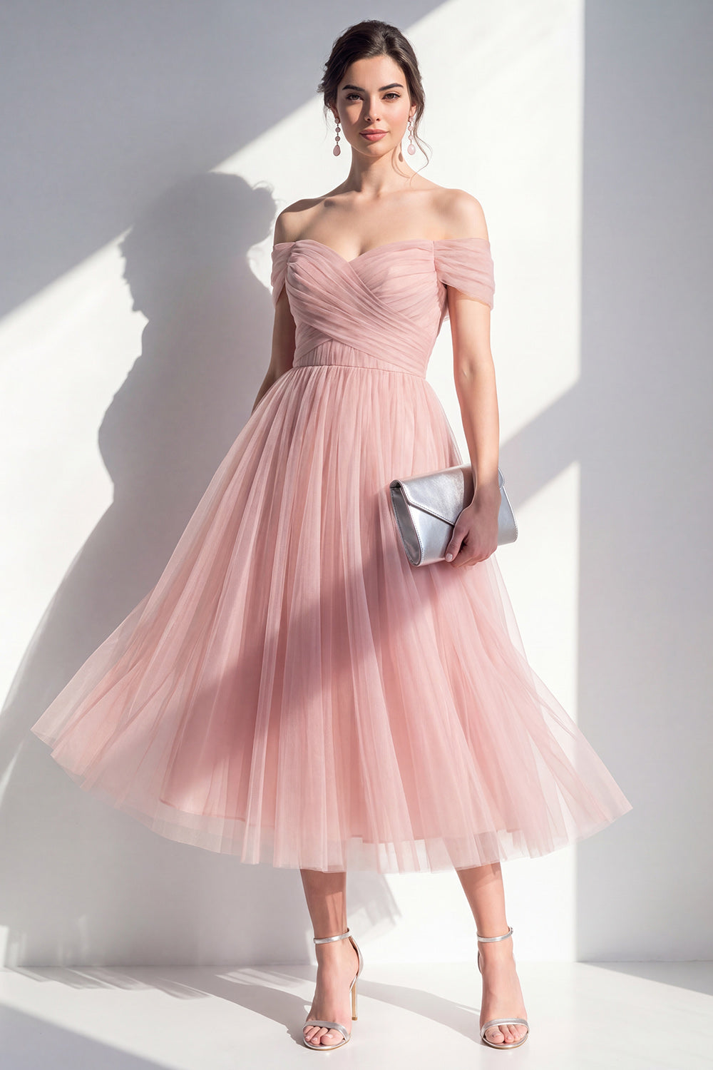 Blush A Line Off the Shoulder Tulle Ruched Maxi Wedding Guest Dress