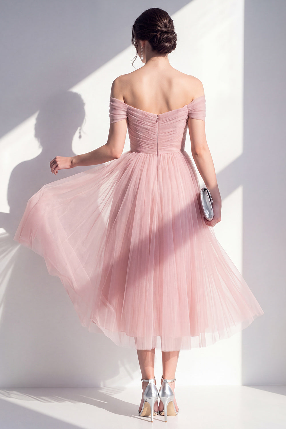 Blush A Line Off the Shoulder Tulle Ruched Maxi Wedding Guest Dress