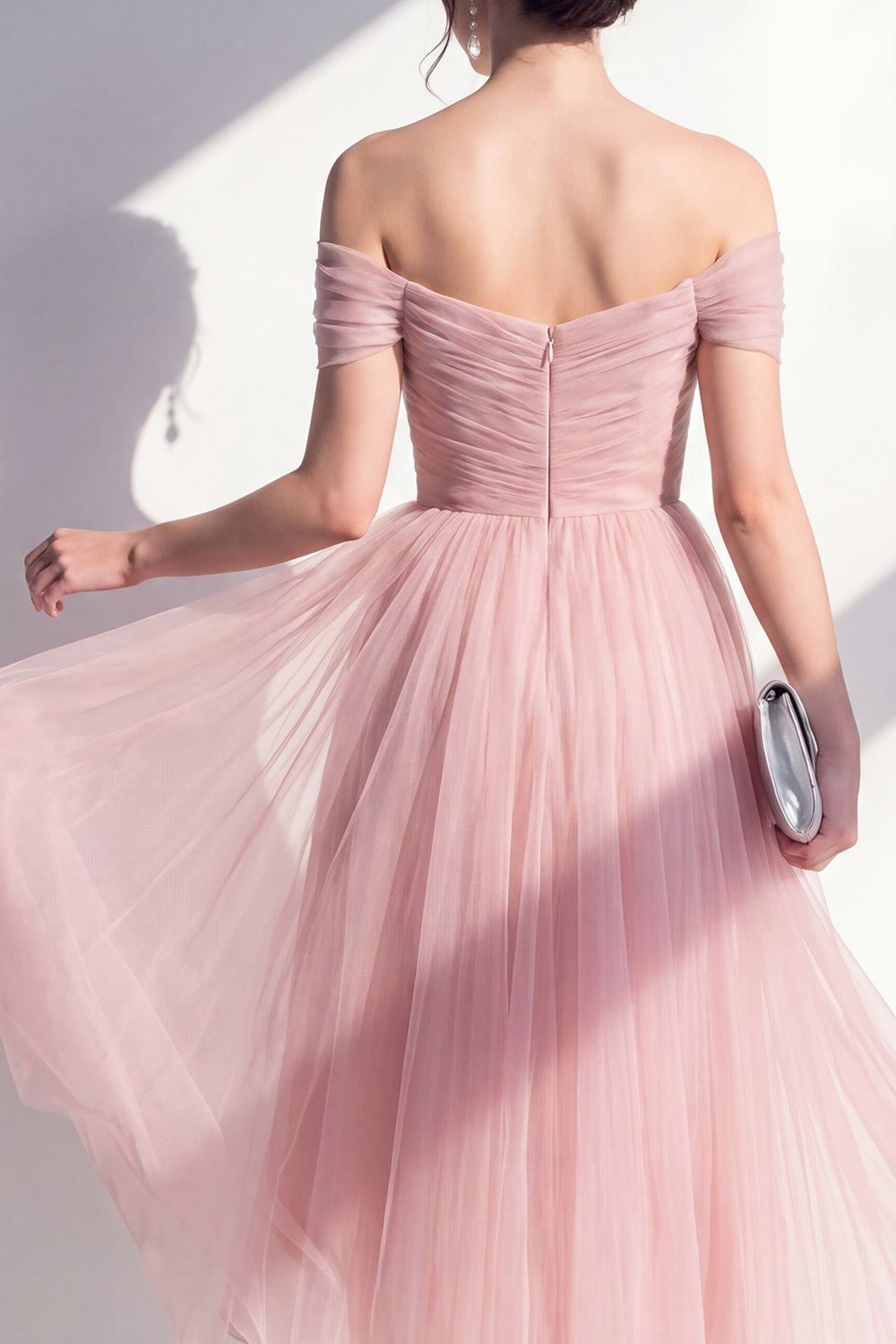 Blush A Line Off the Shoulder Tulle Ruched Maxi Wedding Guest Dress
