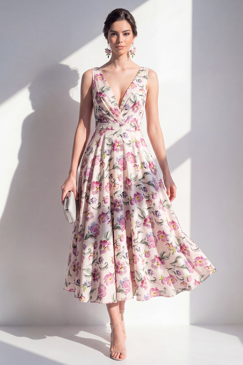 Blush Ruched A Line V-Neck Floral Maxi Beach Wedding Guest Dress