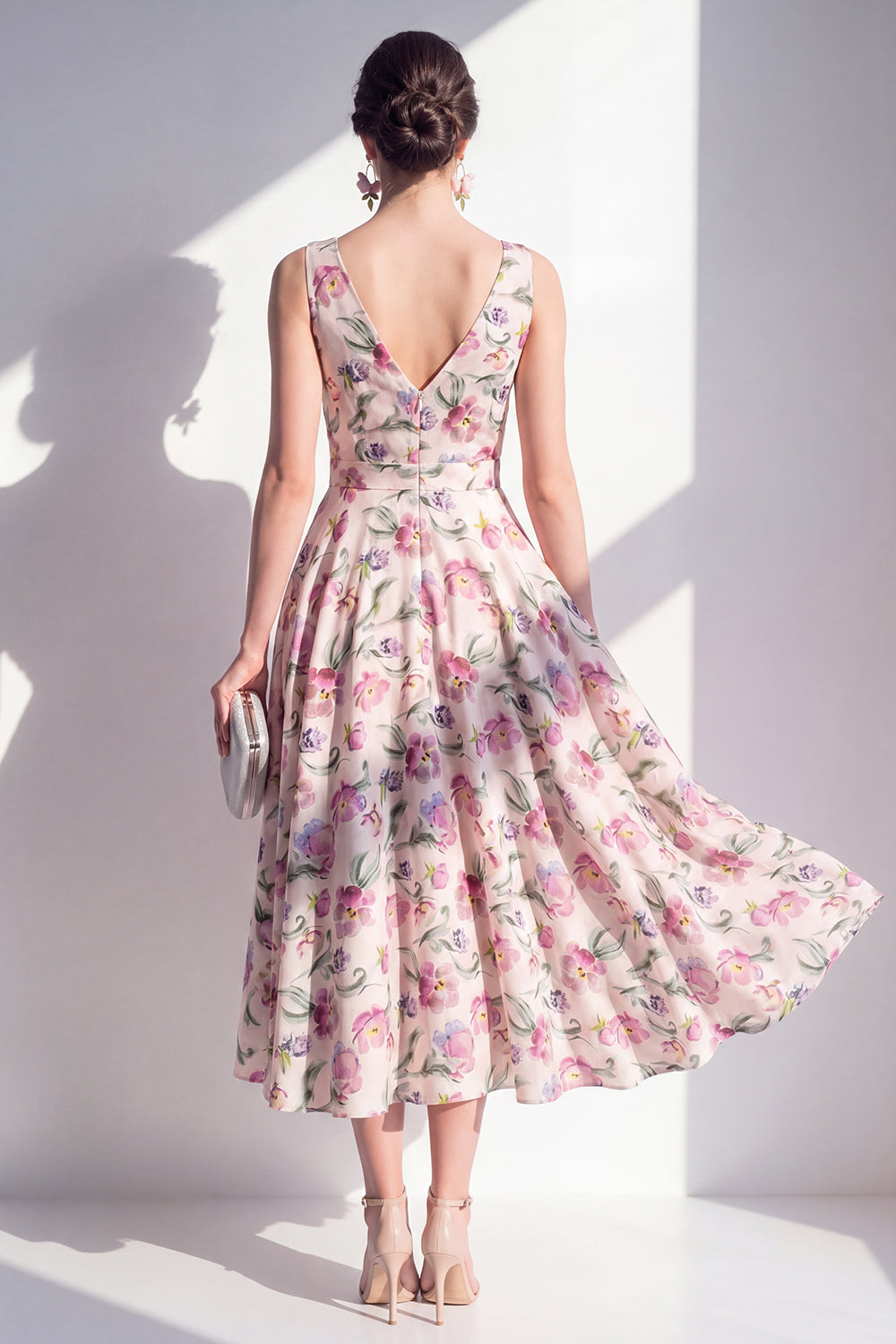 Blush Ruched A Line V-Neck Floral Maxi Beach Wedding Guest Dress