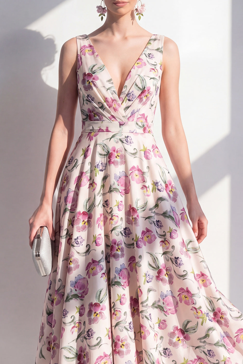 Blush Ruched A Line V-Neck Floral Maxi Beach Wedding Guest Dress