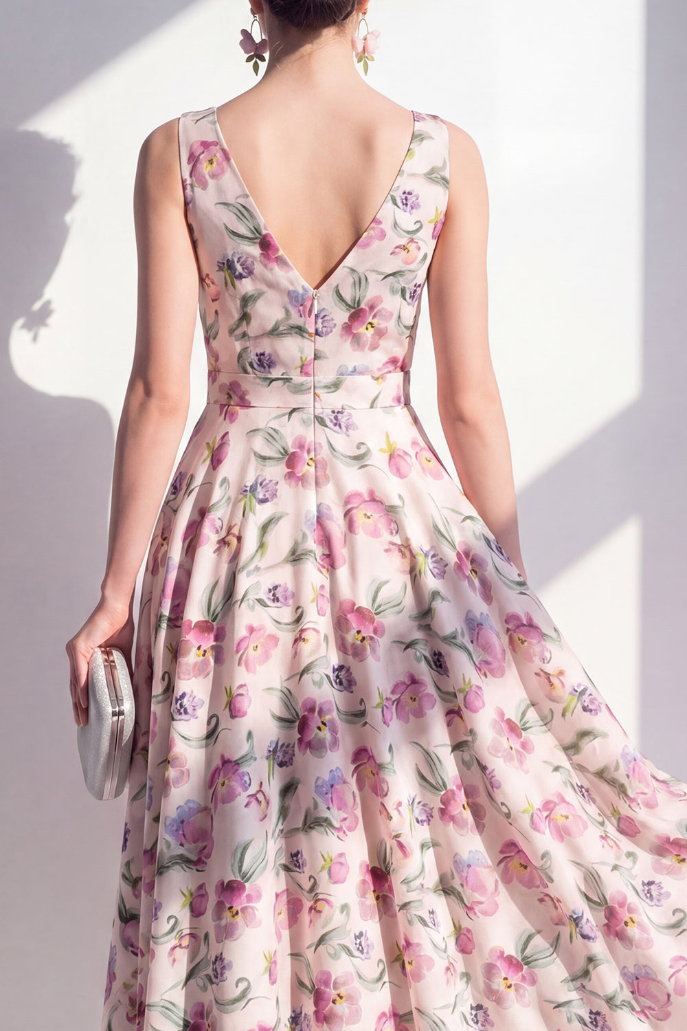 Blush Ruched A Line V-Neck Floral Maxi Beach Wedding Guest Dress