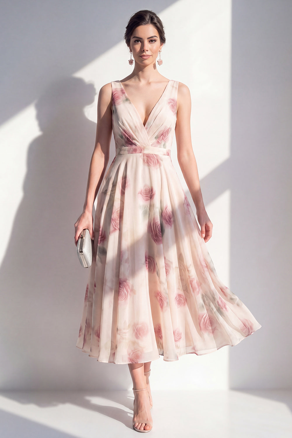 A Line Blush Floral Ruched V-Neck Long Beach Wedding Guest Dress