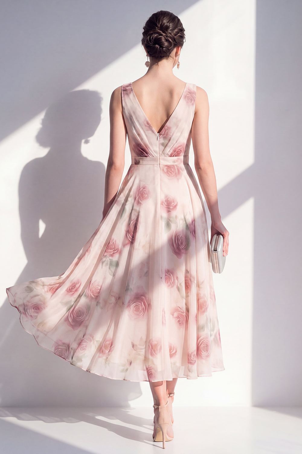 A Line Blush Floral Ruched V-Neck Long Beach Wedding Guest Dress