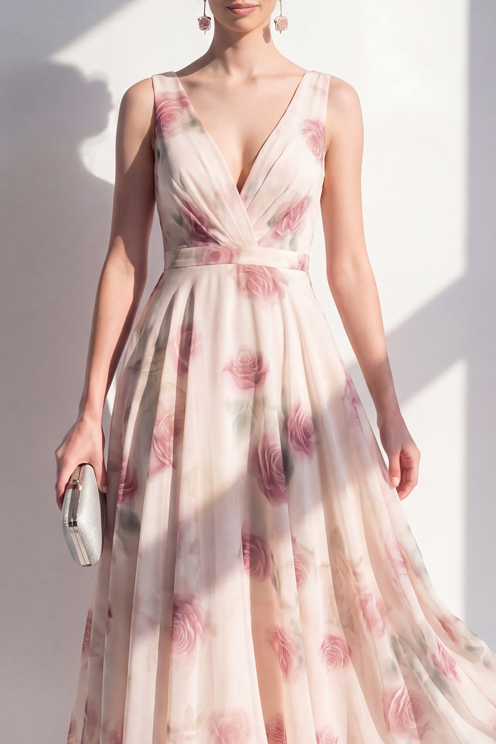 A Line Blush Floral Ruched V-Neck Long Beach Wedding Guest Dress
