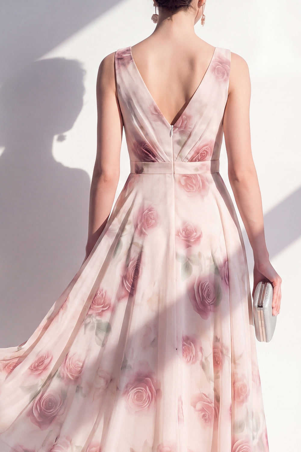 A Line Blush Floral Ruched V-Neck Long Beach Wedding Guest Dress