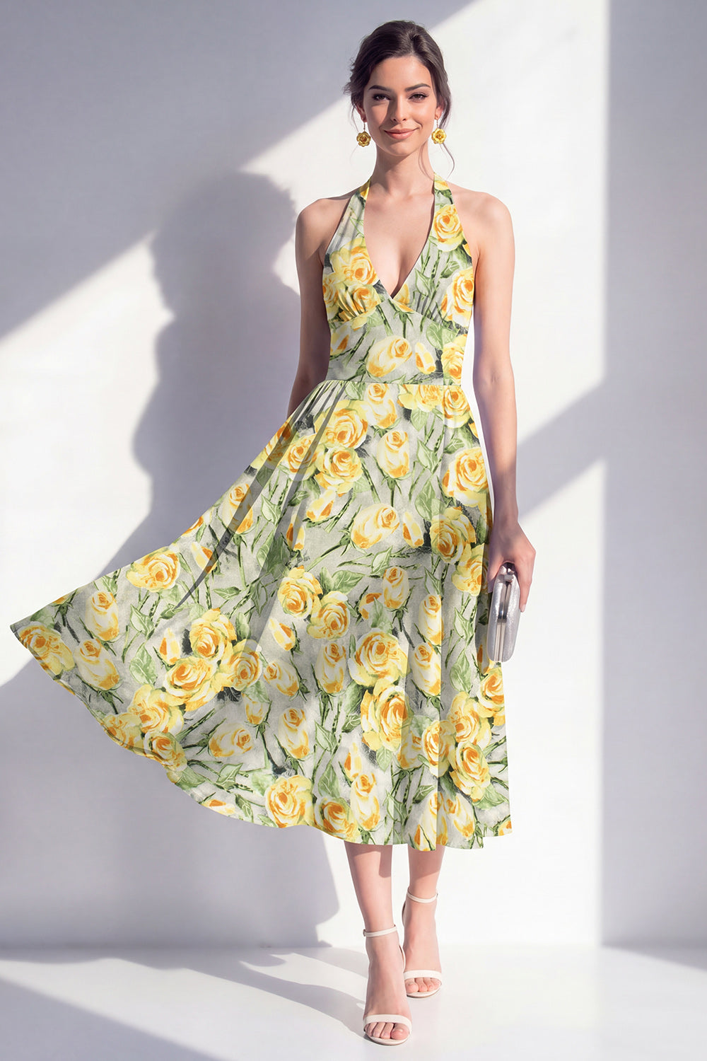 Green Yellow Flower A Line Halter Maxi Beach Wedding Guest Dress
