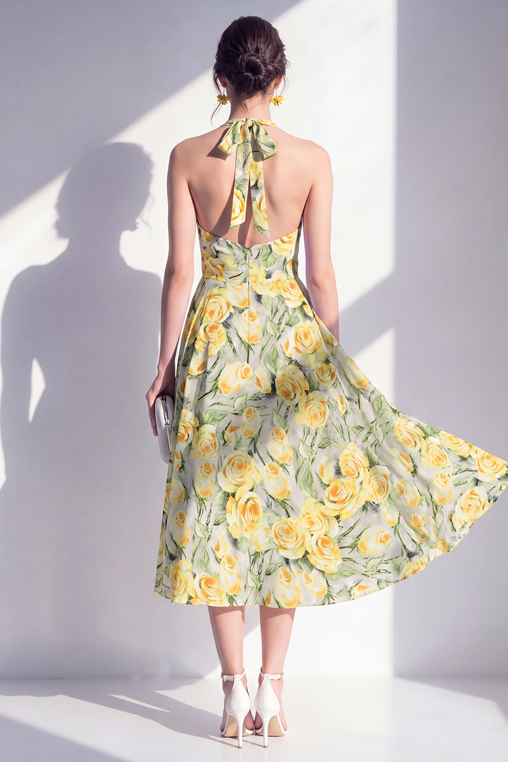 Green Yellow Flower A Line Halter Maxi Beach Wedding Guest Dress