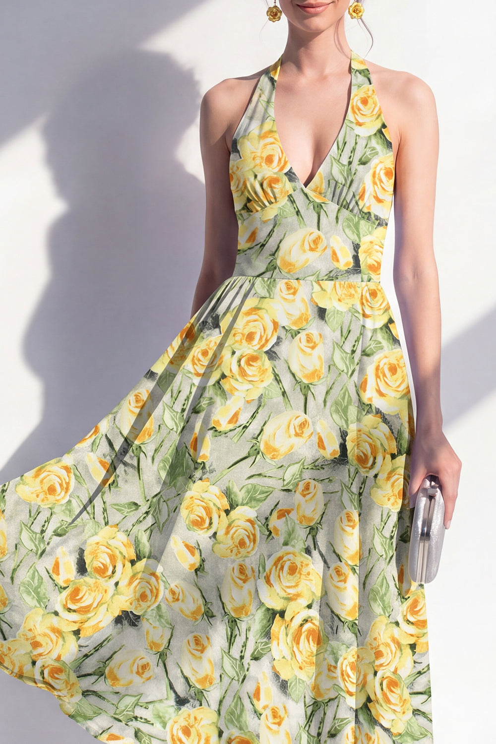 Green Yellow Flower A Line Halter Maxi Beach Wedding Guest Dress