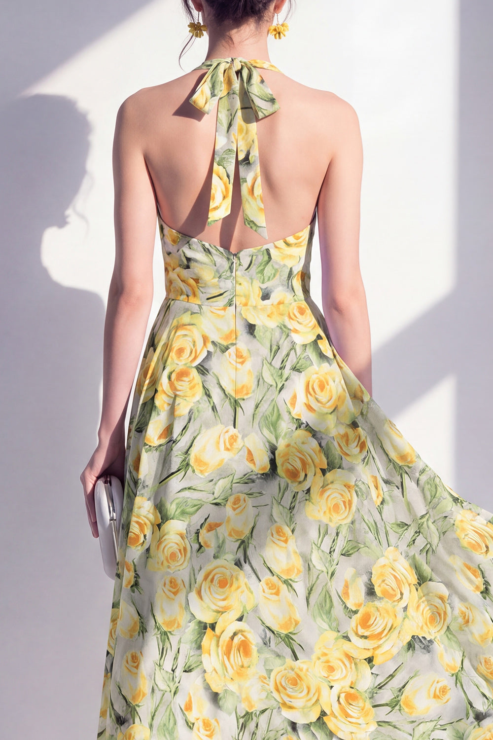 Green Yellow Flower A Line Halter Maxi Beach Wedding Guest Dress