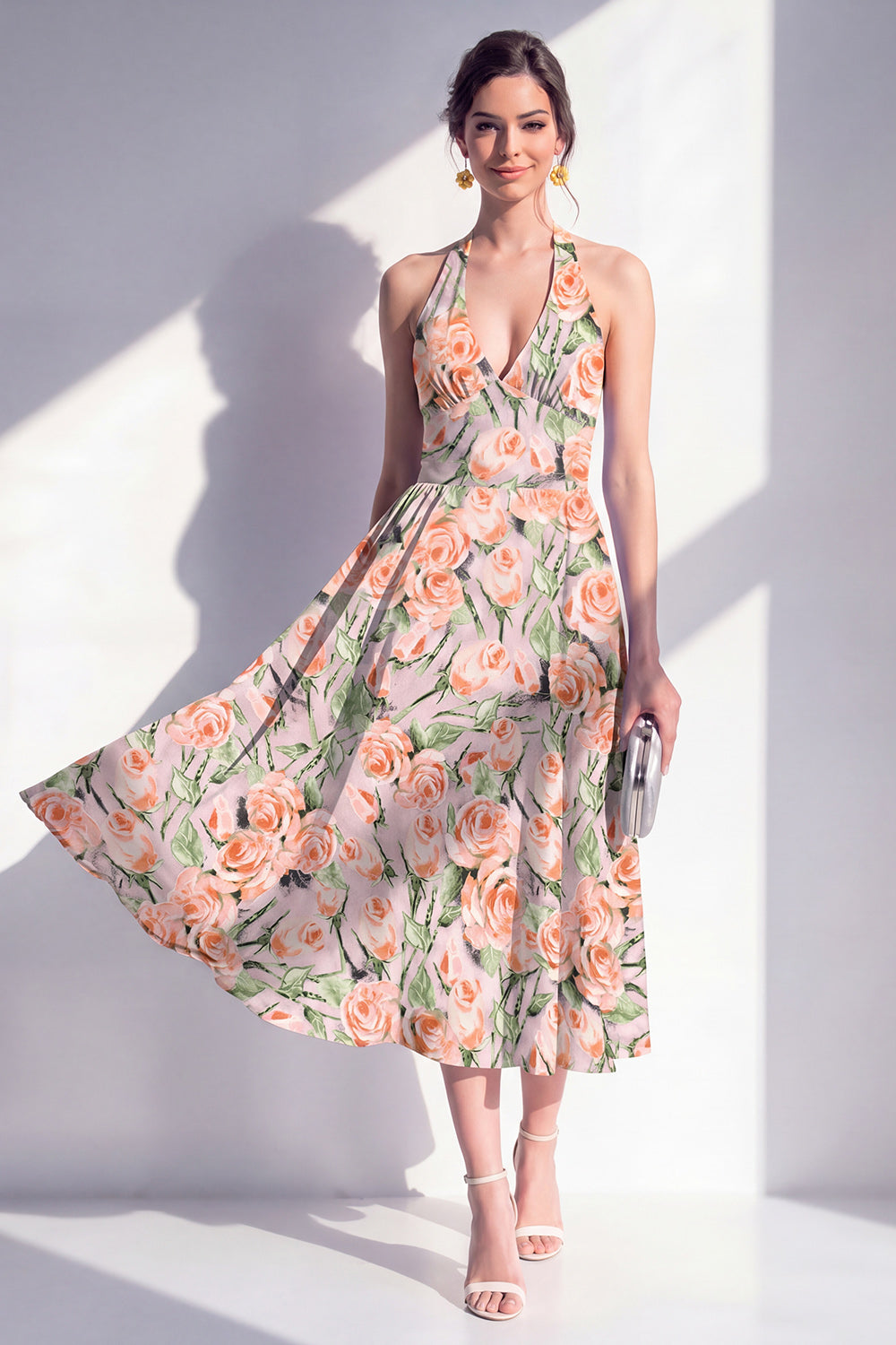 Green Yellow Flower A Line Halter Maxi Beach Wedding Guest Dress