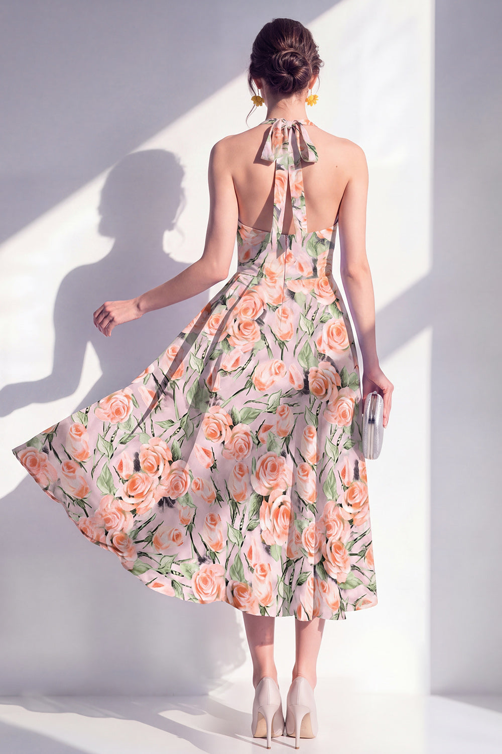 Green Yellow Flower A Line Halter Maxi Beach Wedding Guest Dress