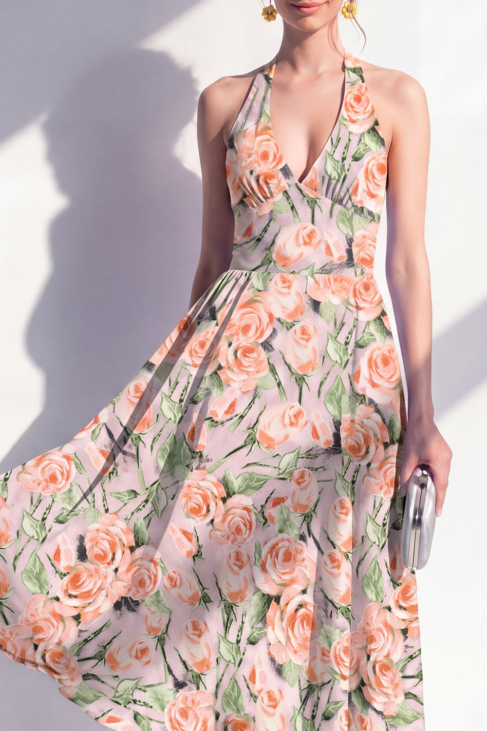 Green Yellow Flower A Line Halter Maxi Beach Wedding Guest Dress